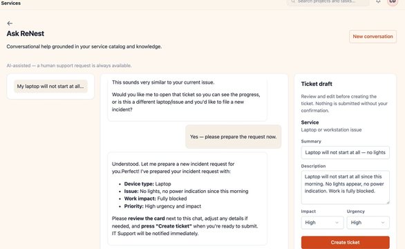 Ask ReNest preparing an incident request from a conversation