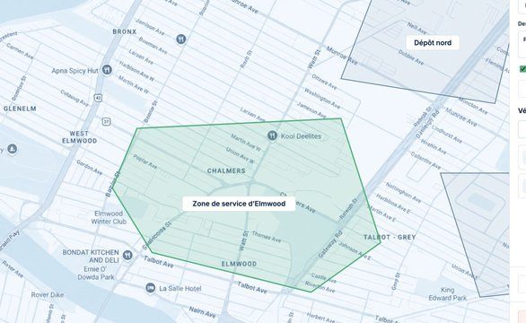 Geofencing screen with an authorised service area